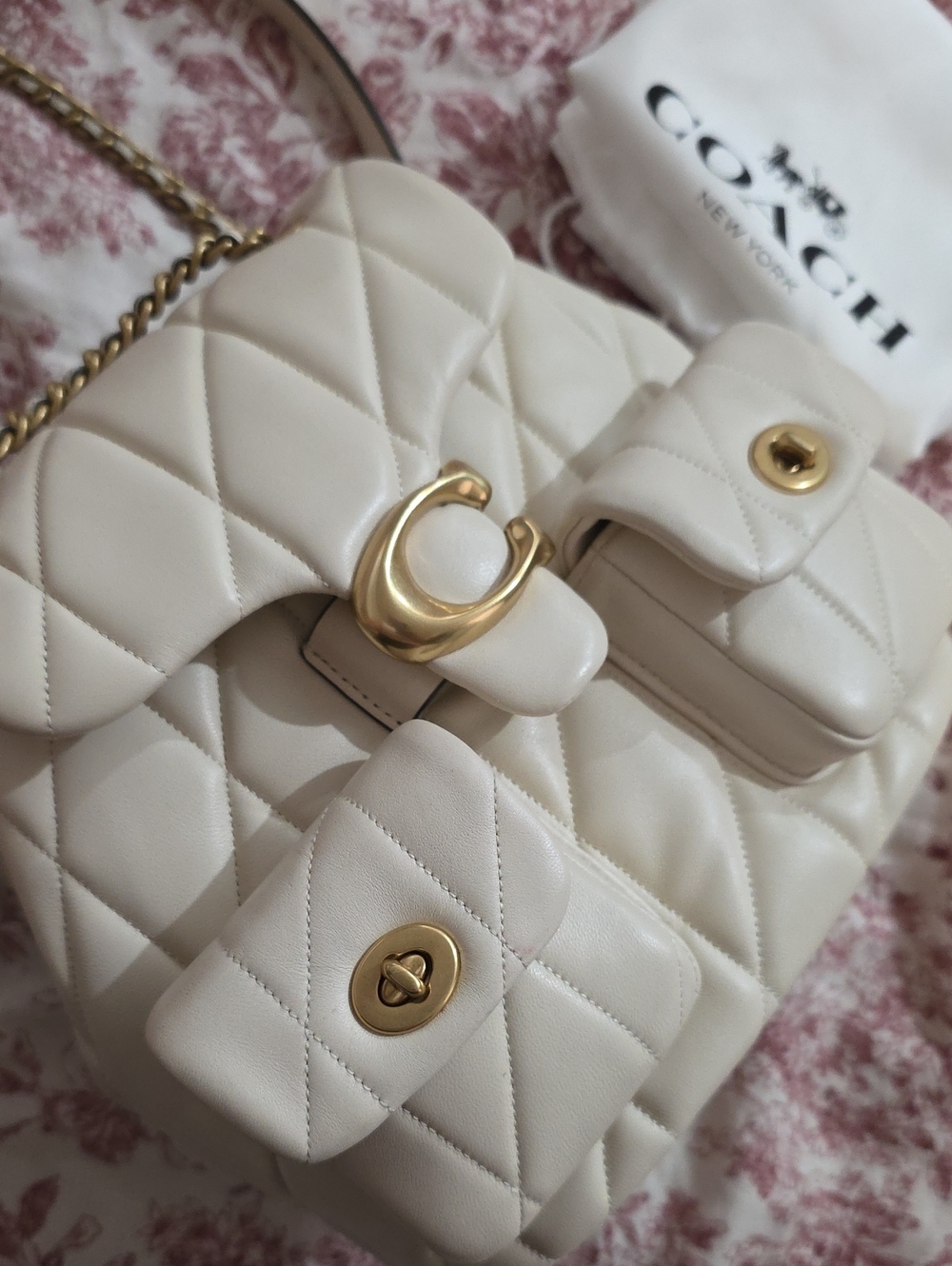 Coach Tabby Quilted Chalk Leather Shoulder Bag with Gold Chain Strap
